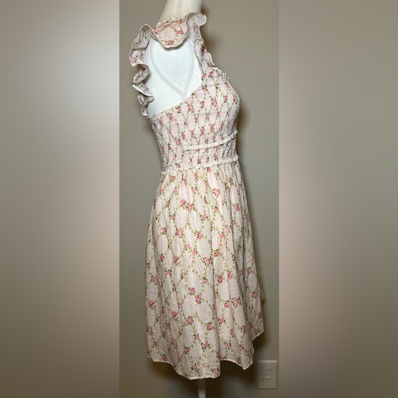 Pink Floral cotton stripe Print Prairie flutter sleeve Dress sweet girlie cute M - Picture 6 of 10